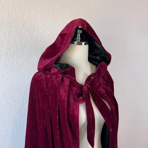 Vampire Halloween Costume Velvet Cloak Cape Hood Burgundy Red One Size Gothic - Picture 7 of 12